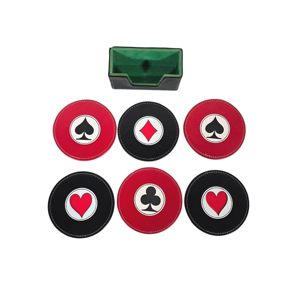 Set of 6 Poker Card Suit Coasters with Black Holder Red Black faux Leather